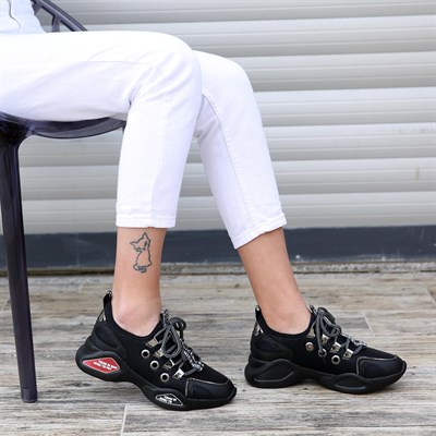 Siyah Cilt-Siyah Strech Kadın Spor Ayakkabı