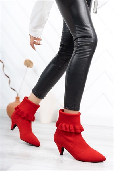 Kırmızı Triko Topuklu Kadın Bot