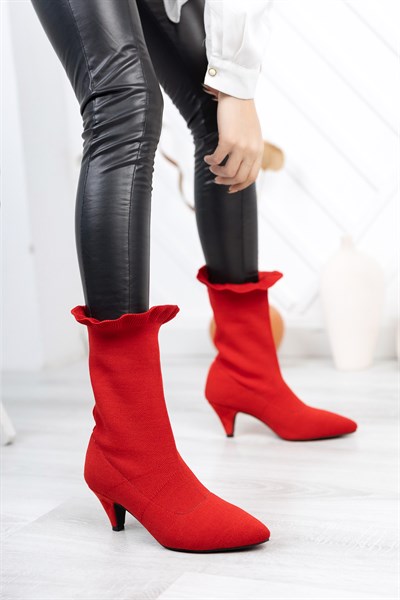 Kırmızı Triko Topuklu Kadın Bot